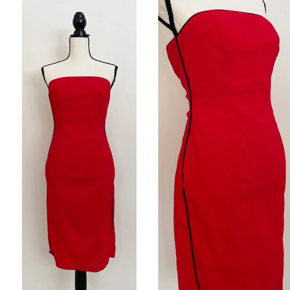 SOLD :: Vintage Y2K Strapless Racing Stripe Red Dress - Picture 3 of 6